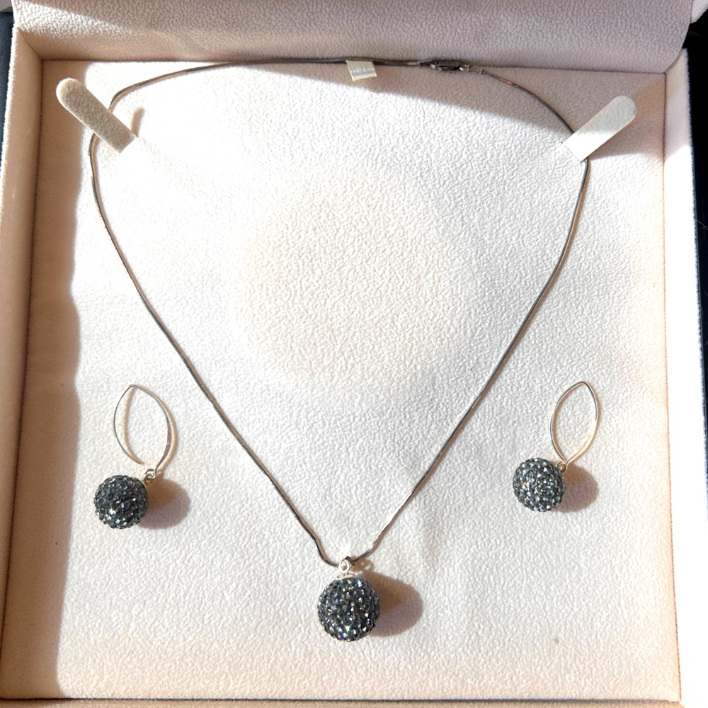 Black Crystal and Silver Necklace and Earrings Set